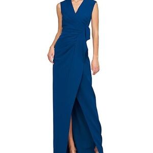 NWT Kay Unger Stretch Crepe V-Neck Sleeveless Pleated Ruffle Column Gown
